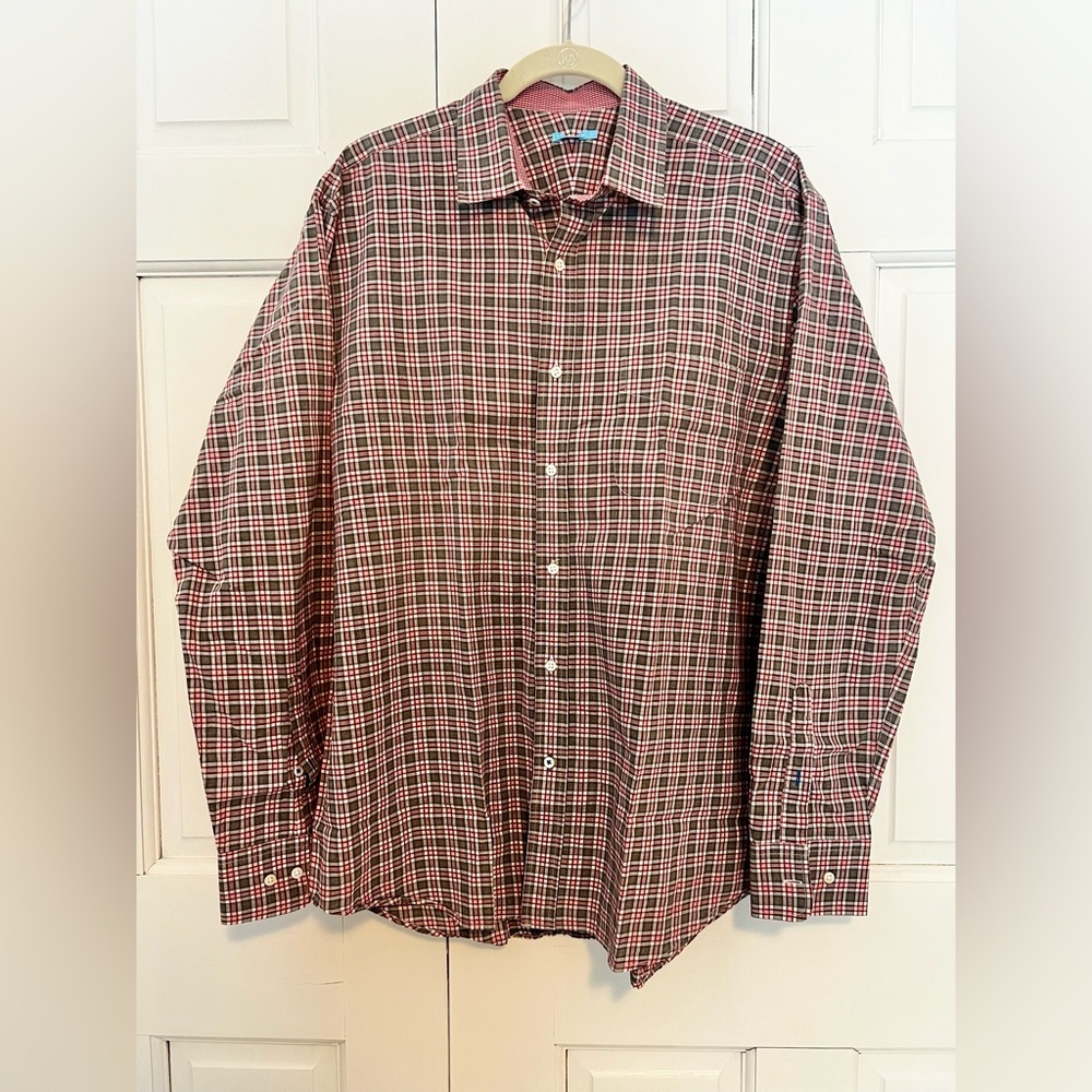 J.McLaughlin Men’s 100% Cotton Plaid Button-Up Shirt Maroon Grey Large NWOT